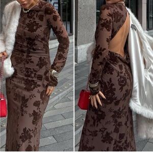 Nwt Zara Brown Long Sleeve Mock Neck Bodycon Dress open back